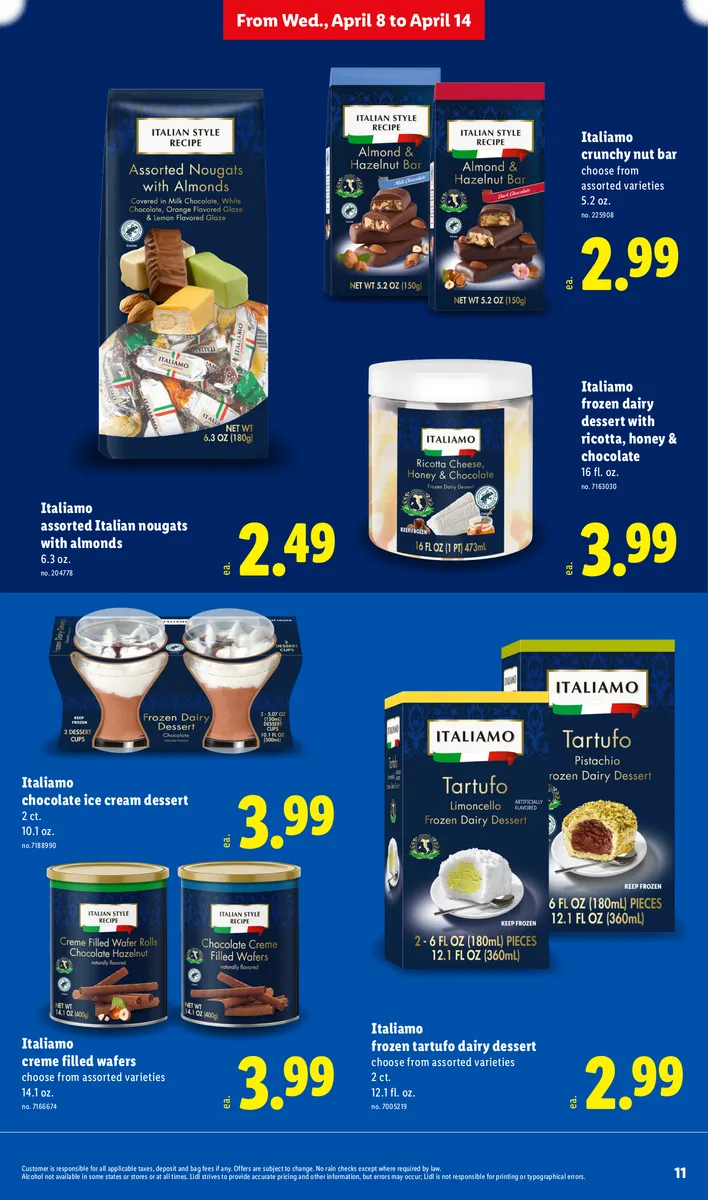 Italiamo Italian nougats, frozen dairy desserts, and ice cream tartufo, with disclaimers.