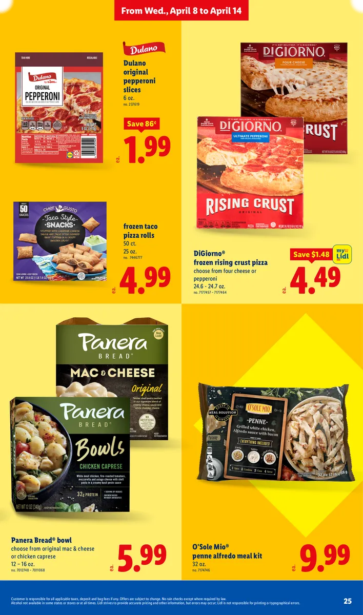 Savings on frozen pizza, taco rolls, Panera Bread bowls, and Dulano meal kits, with disclaimers.