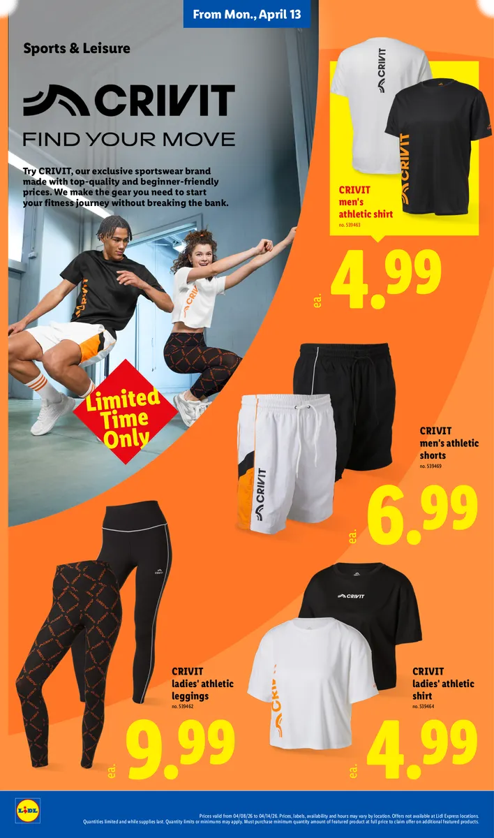 Savings on Crivit men's athletic shirts and ladies' leggings and shorts, promoting sportswear.