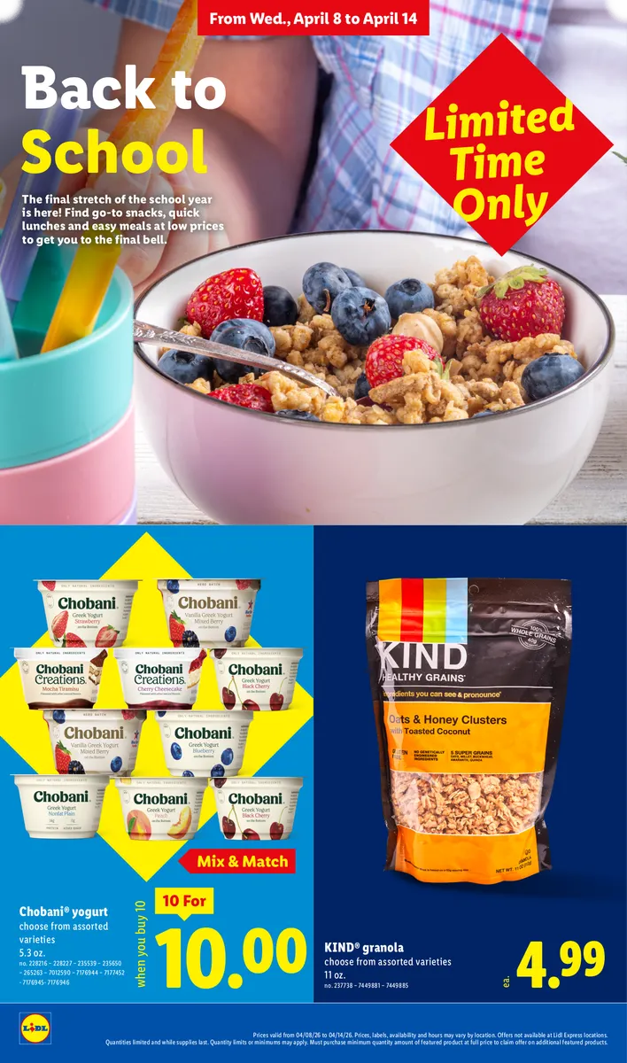 Savings on Chobani yogurt and Kind granola, promoting back-to-school snacks and lunches.
