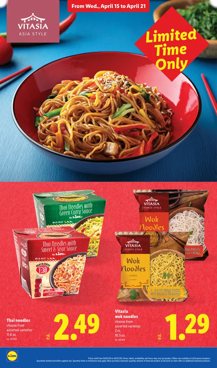 Vitasia wok noodles in assorted varieties, including Thai flavors.