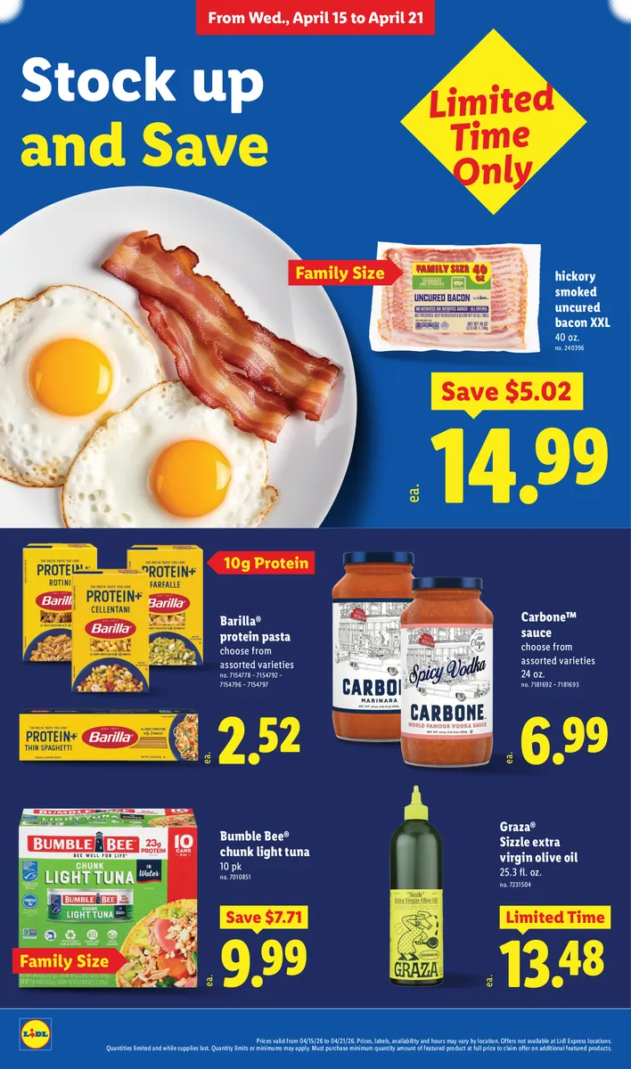 Barilla protein pasta, Carbone sauce, Bumble Bee tuna, Hickory Smoked bacon, and Graza olive oil on sale.