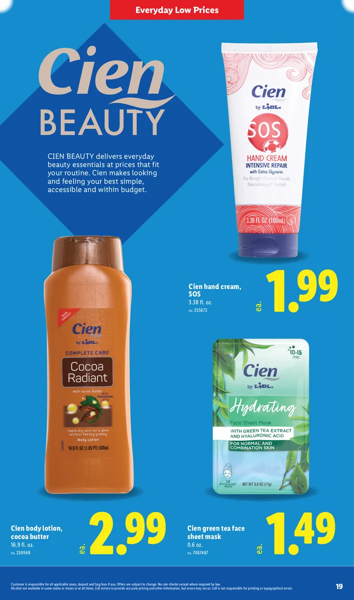 Cien green tea face sheet mask, body lotion, and hand cream.