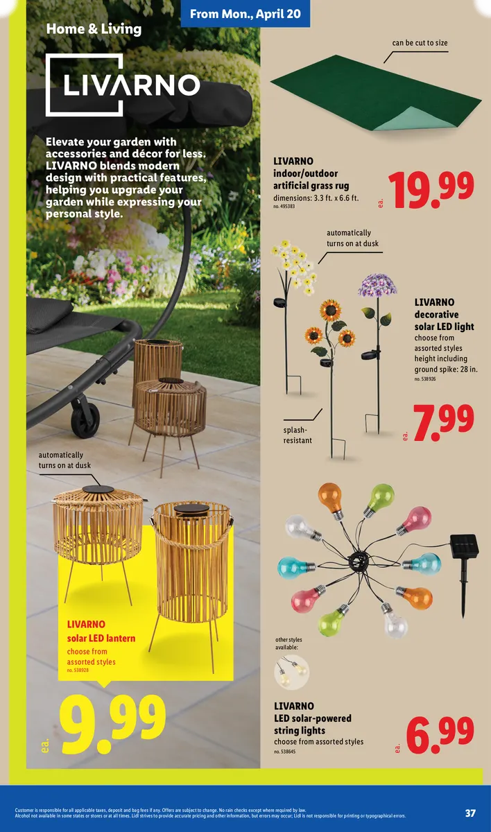 Livarno solar LED lantern, artificial grass rug, and solar-powered string lights for home and garden decor.