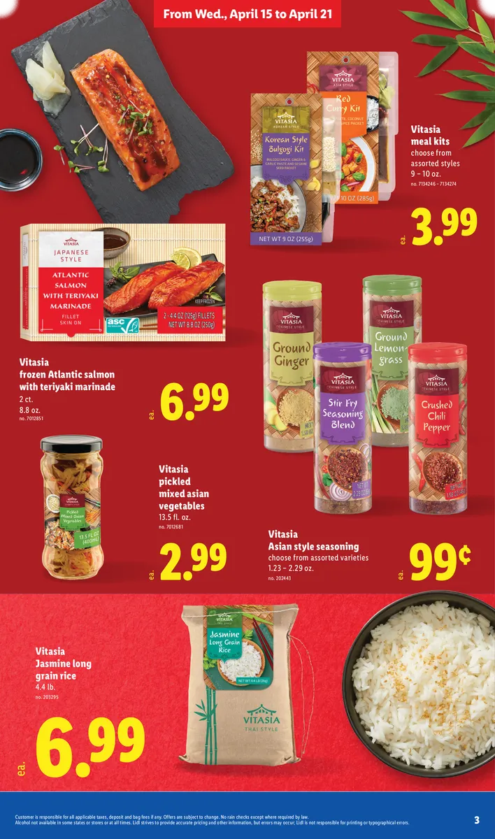 Vitasia Asian food products, including jasmine rice, frozen salmon, and pickled vegetables.