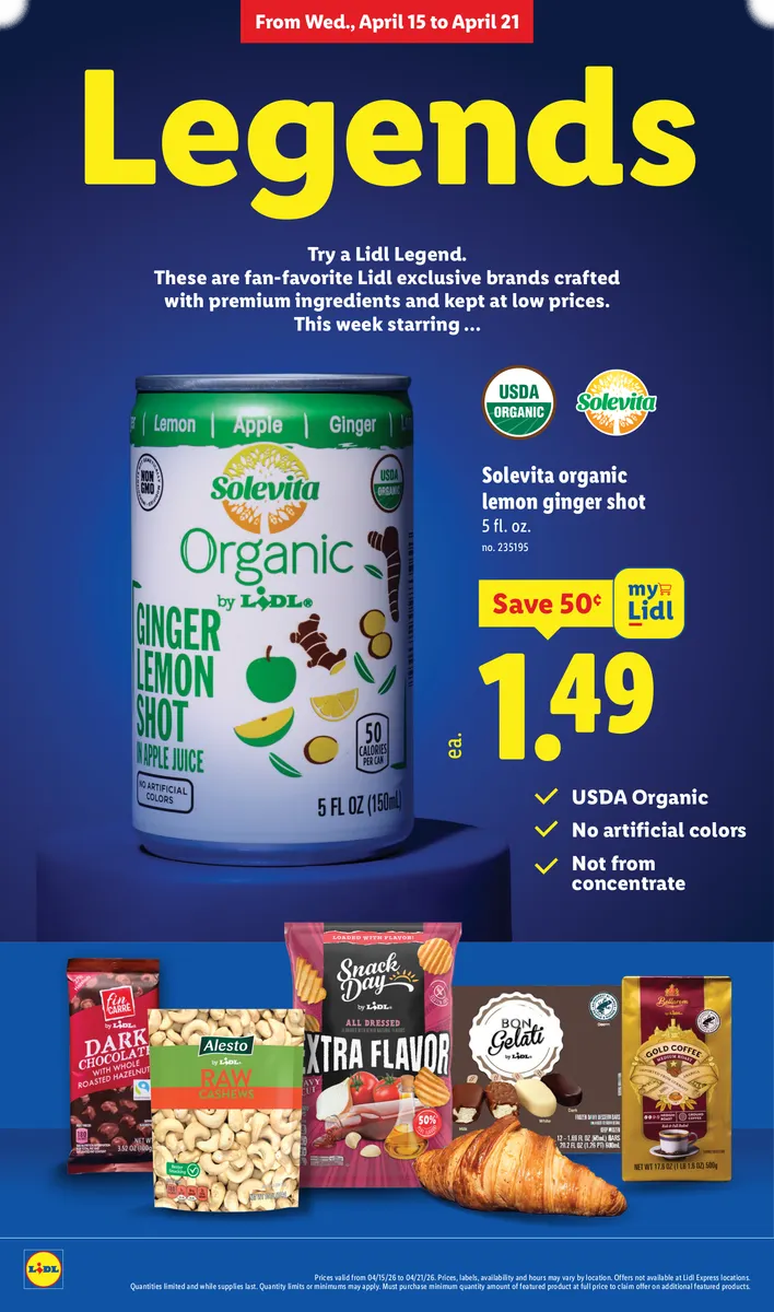 Solevita organic lemon ginger shot and other Lidl fan-favorite exclusive brands.