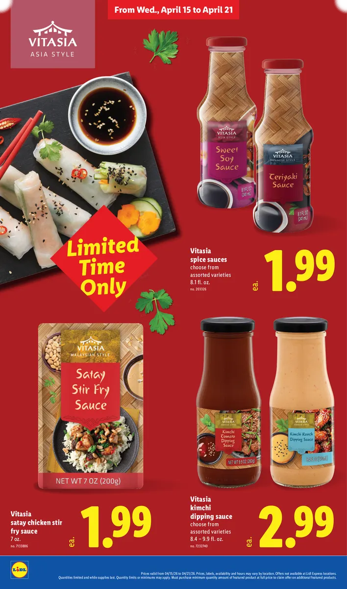 Vitasia spice sauces, including kimchi dipping sauce and satay chicken stir fry sauce.