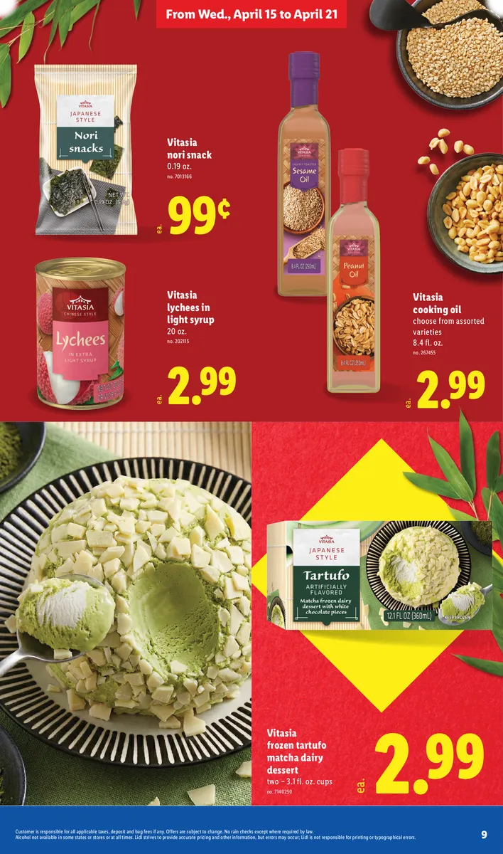 Vitasia cooking oil, frozen tartufo matcha dairy dessert, nori snack, and lychees.