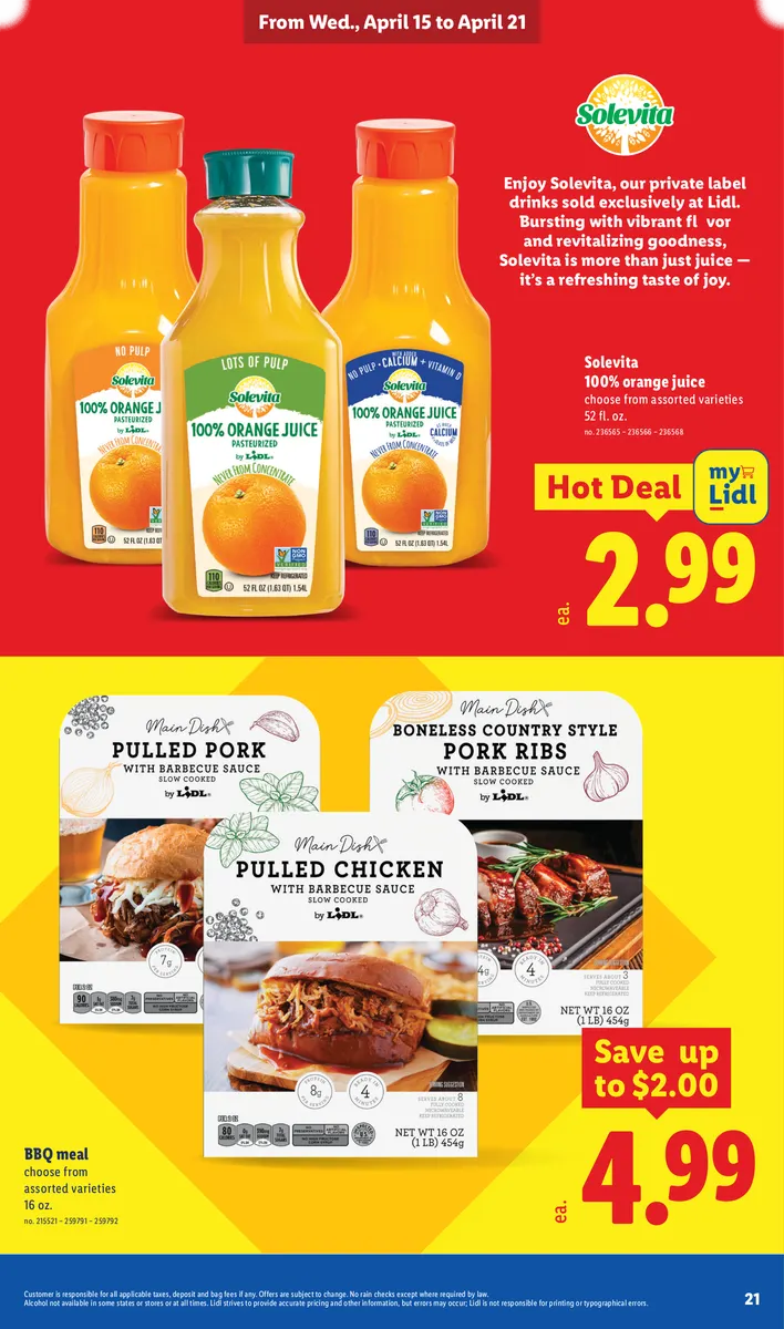 BBQ meal options and Solevita 100% orange juice.