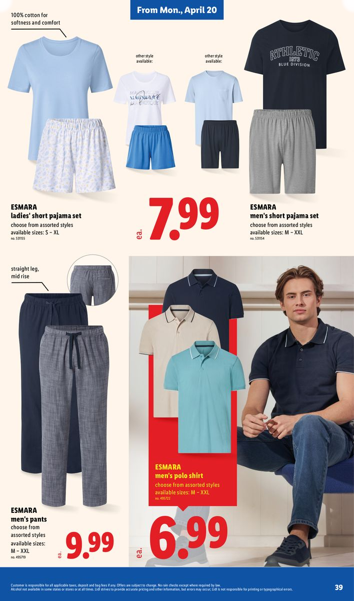 Esmara men's short pajama set, style pants, and ladies' polo shirt.
