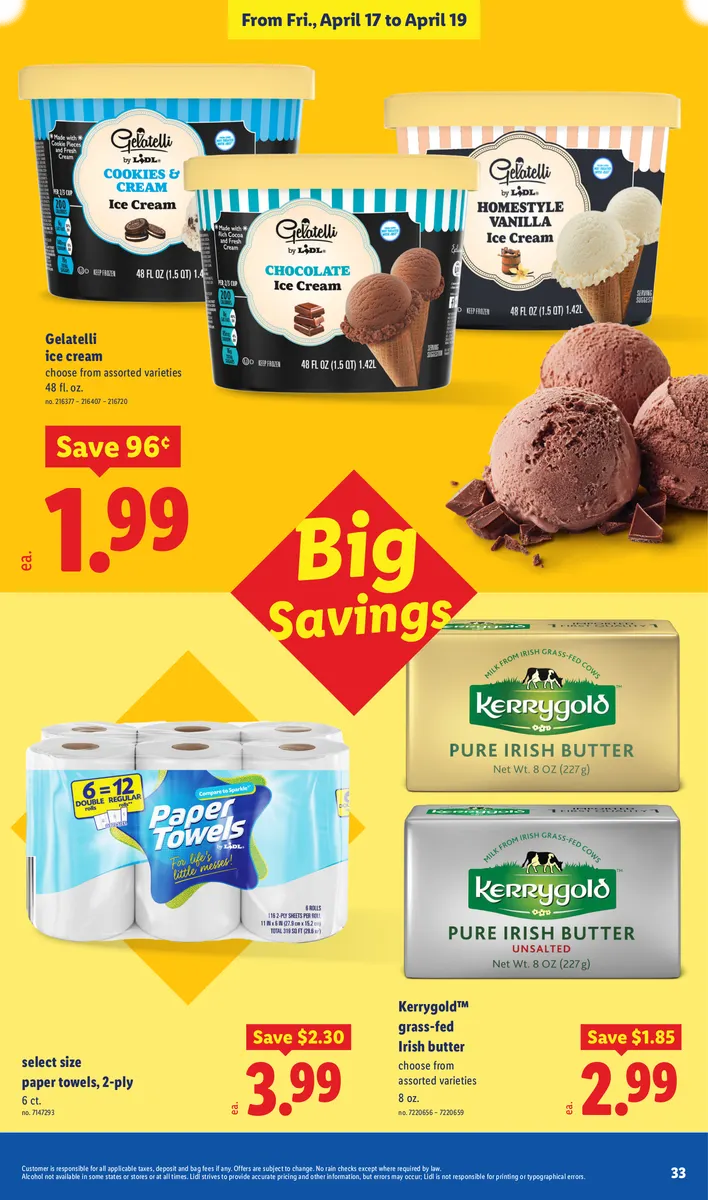 Gelatelli ice cream, Kerrygold Irish butter, and paper towels on sale.