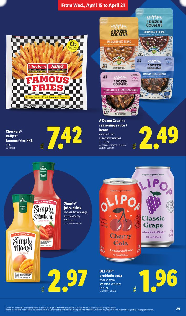 Hickory smoked bacon, Dozen Cousins beans, Olipop prebiotic soda, and Simply juice drink.