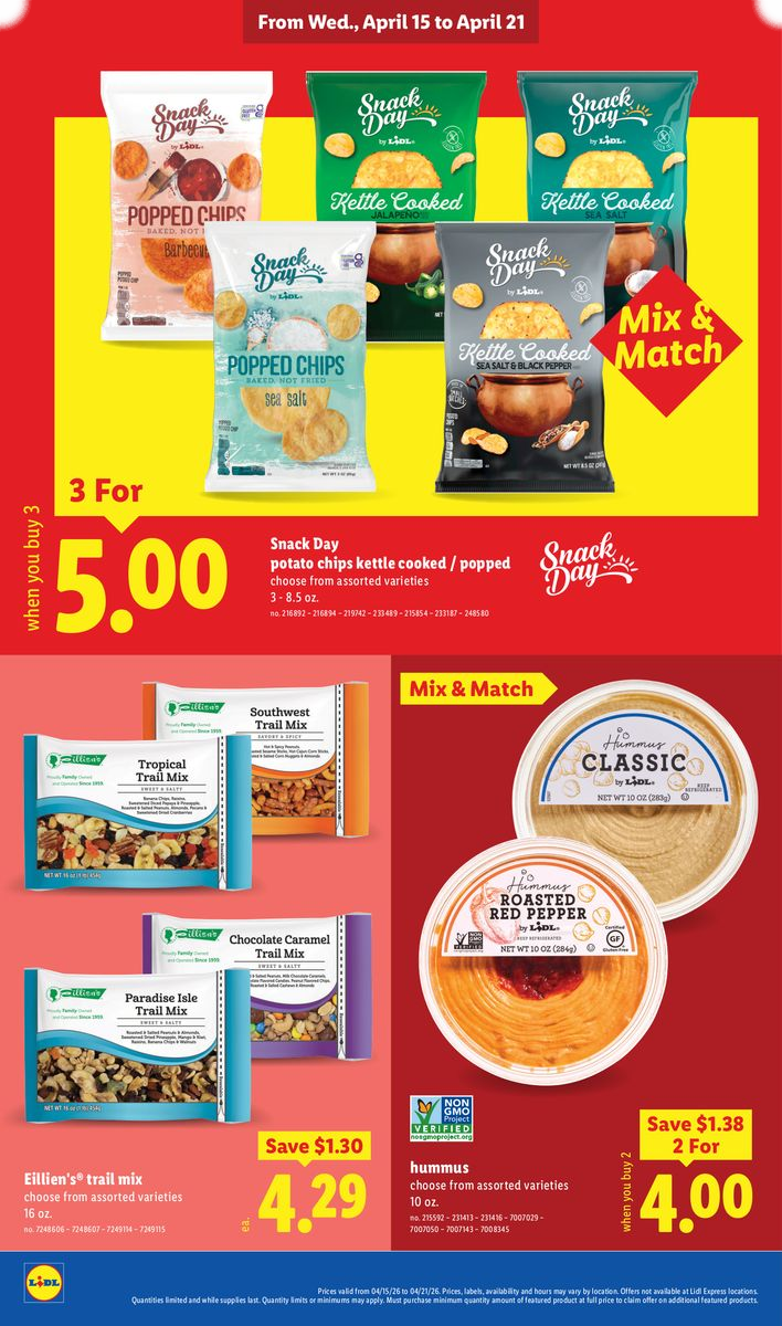 Snack Day potato chips, trail mix, and hummus on sale.