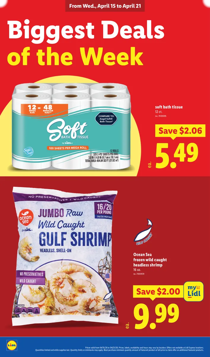 Frozen wild caught headless shrimp and soft bath tissue on sale.