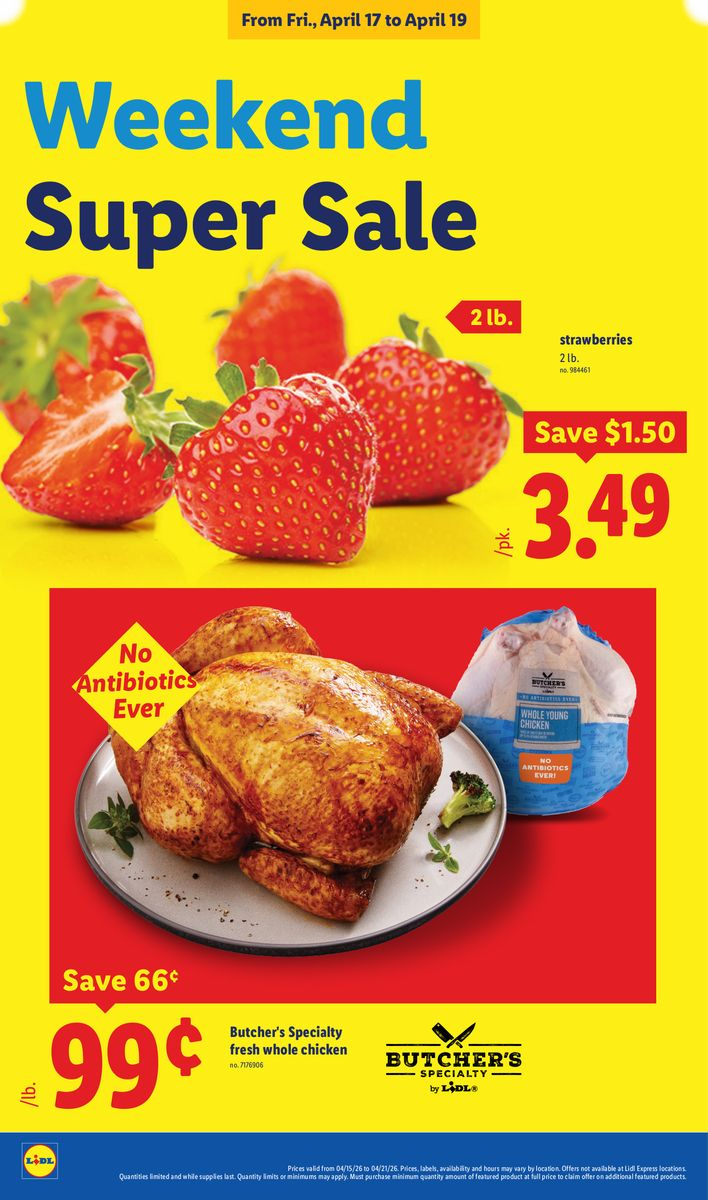Strawberries and fresh chicken on sale for a weekend super sale.
