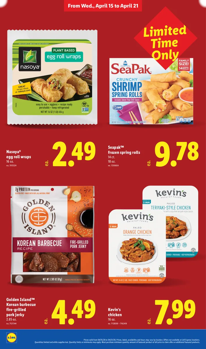 Nasoya egg roll wraps, Golden Island Korean barbecue jerky, Kevin's chicken, and Seapak frozen spring rolls.