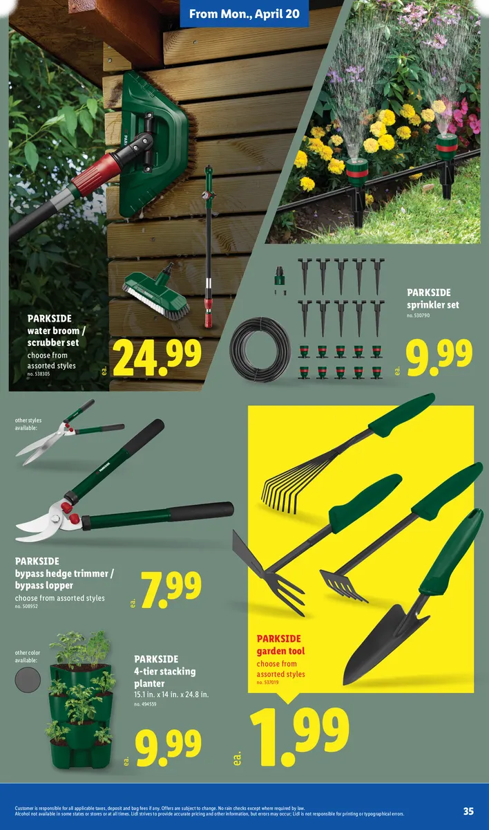 Parkside planter box, trellis, hedge trimmer, lopper, water broom, scrubber set, and sprinkler.