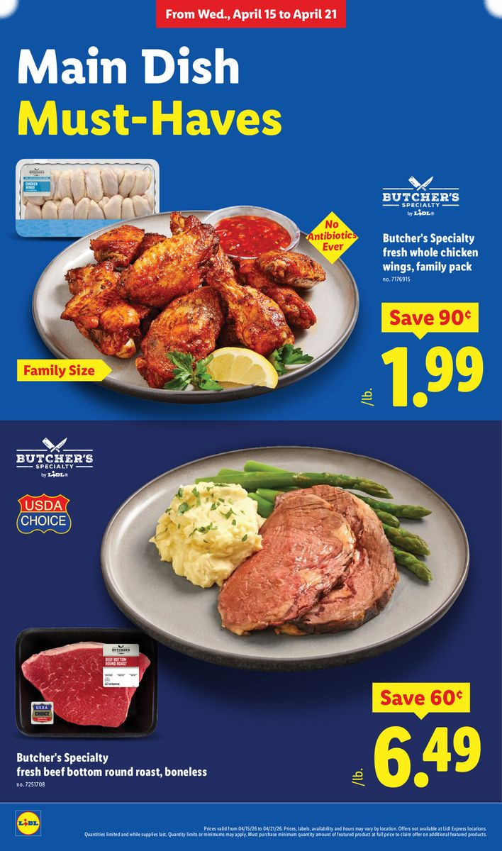 Family size chicken wings and beef bottom round roast on sale.