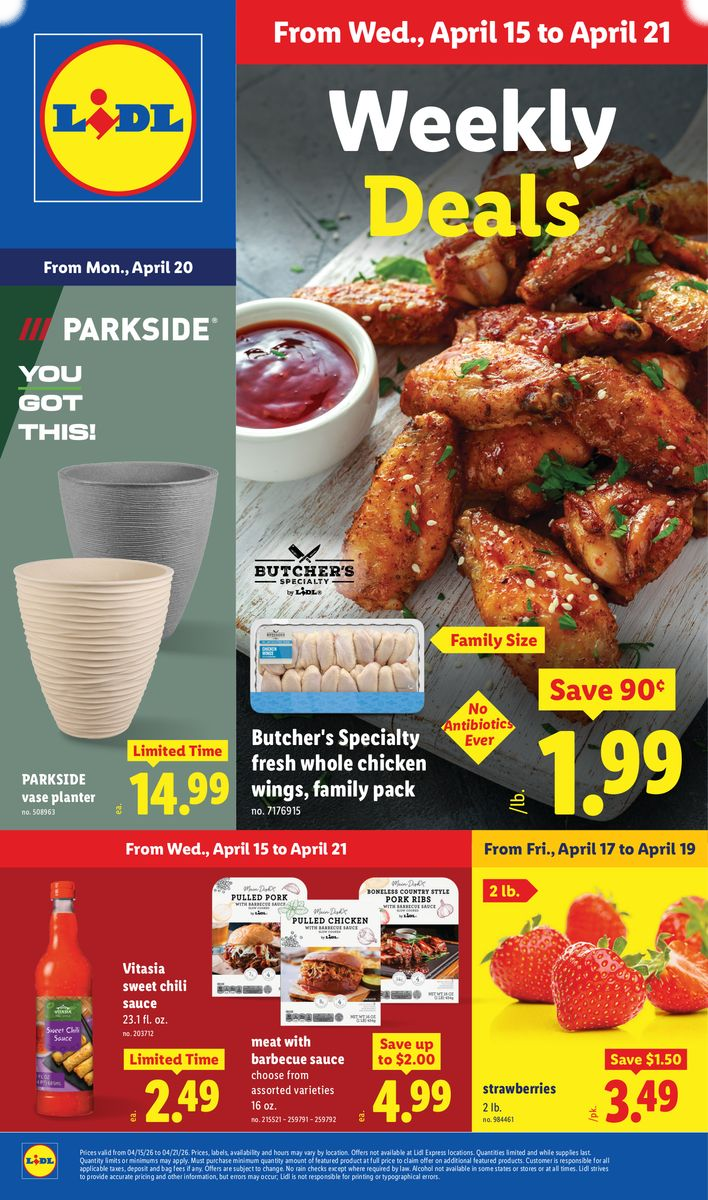 Lidl weekly ad featuring fresh chicken wings, strawberries, and Vitasia sweet chili sauce.