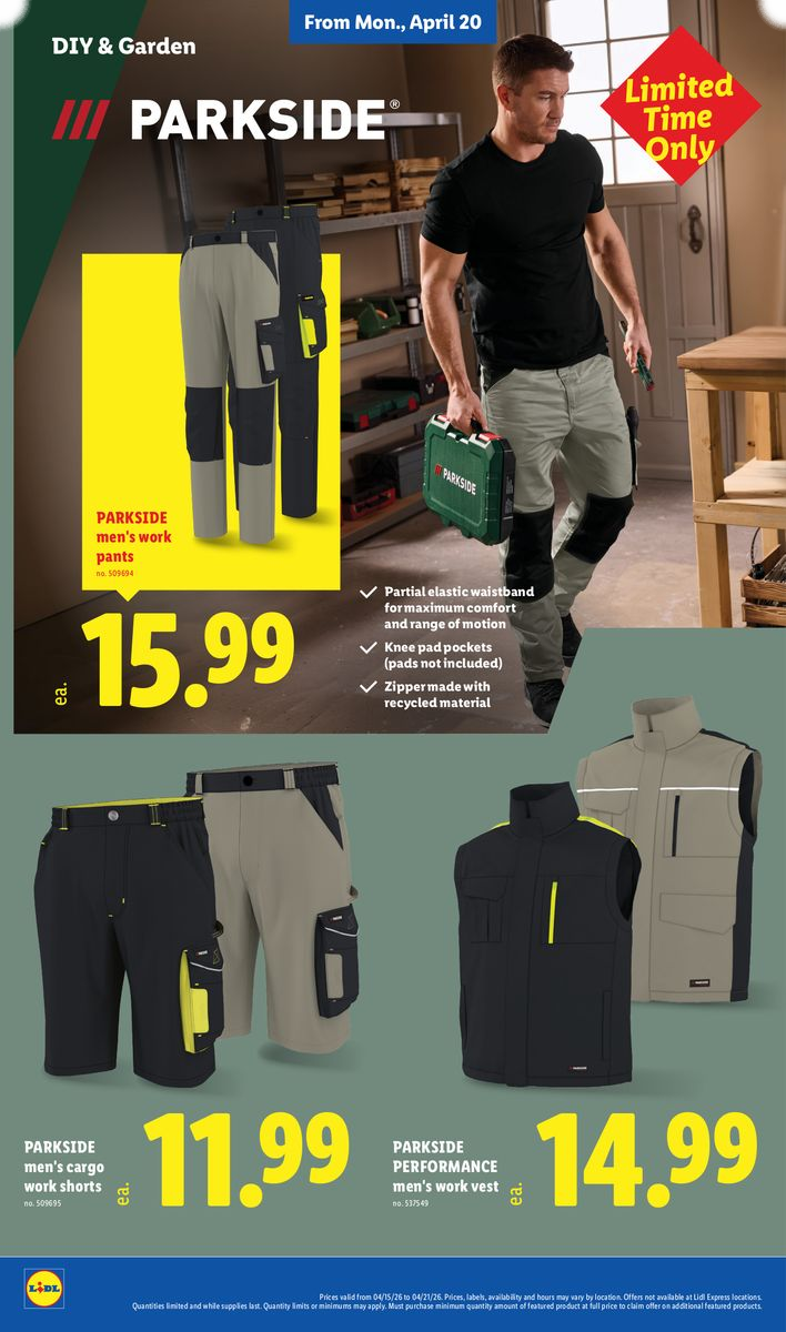 Parkside performance men's work vest, cargo shorts, and pants.