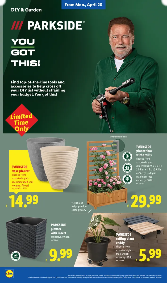 Parkside planter box, trellis, vase, and rolling plant caddy for DIY and garden projects.