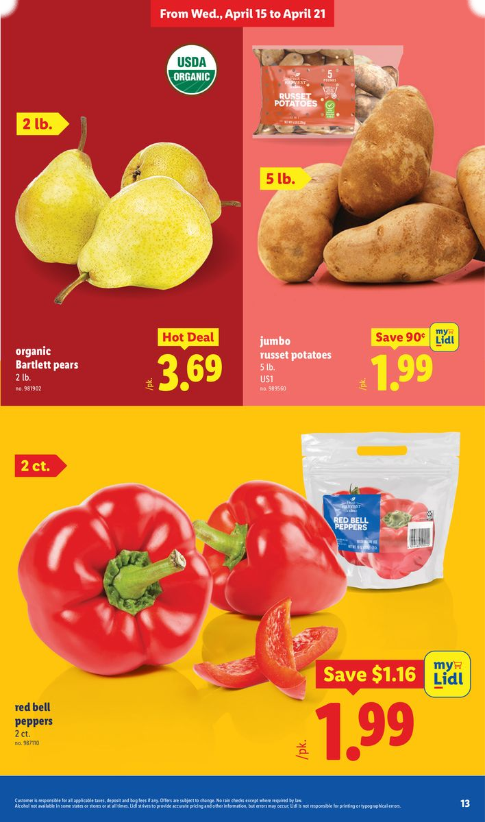 Red bell peppers, russet potatoes, and organic Bartlett pears on sale.
