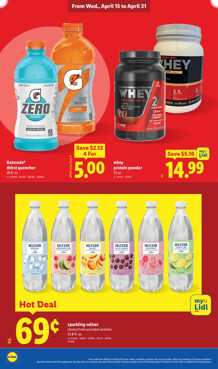 Gatorade thirst quencher, whey protein powder, and sparkling seltzer on sale.