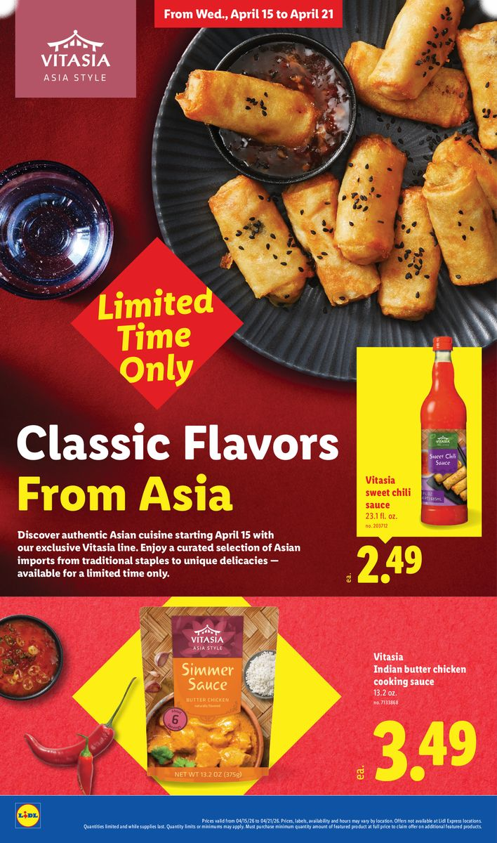 Lidl's Asian cuisine selection, including Vitasia Indian butter chicken cooking sauce and sweet chili flavors.