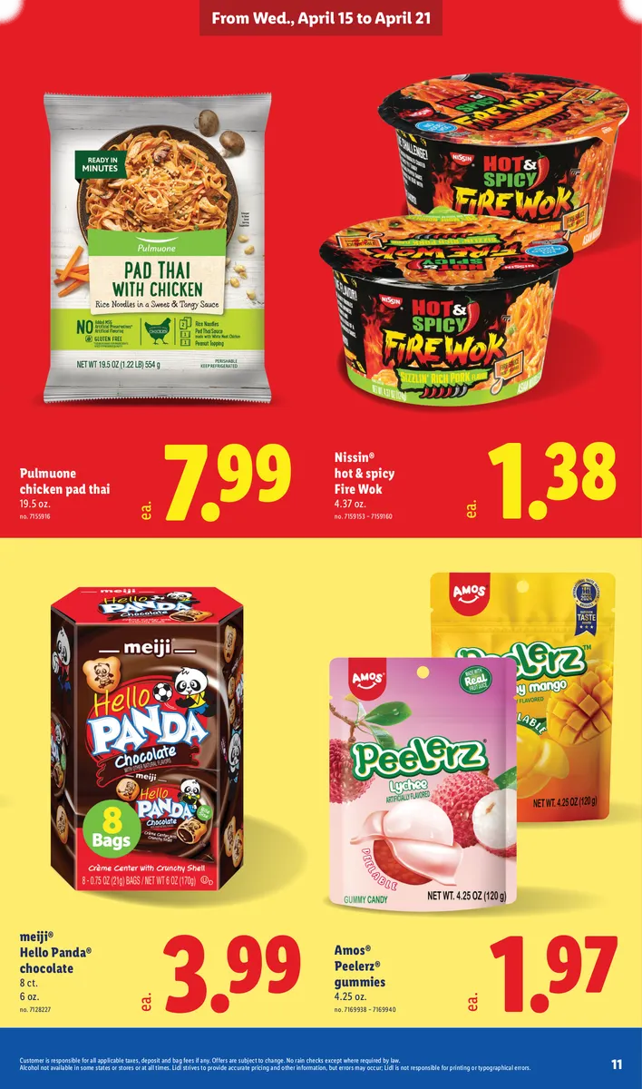 Pulmuone chicken pad thai, Nissin hot & spicy fire wok, Meiji panda chocolate, and Amos peelerz gummies.